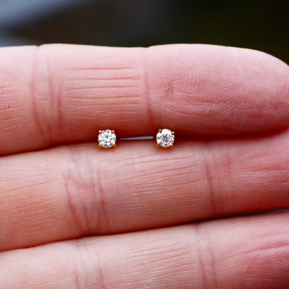 New Tiny Moissanite Stud Earrings, Yellow Gold over Sterling Silver, D VVS - Picture 3 of 8